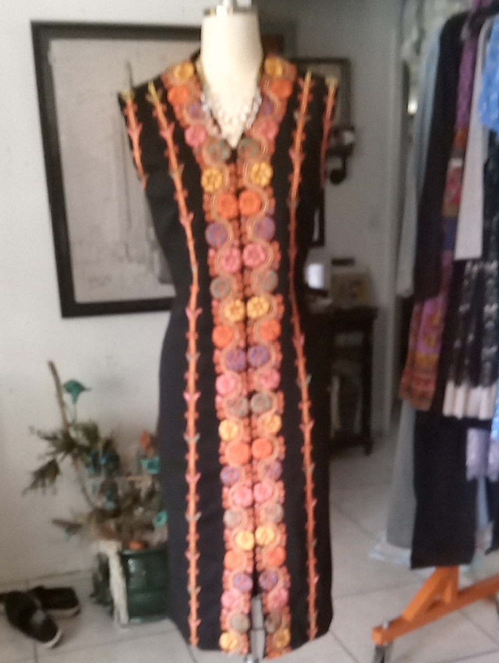 Vintage Vibrant Embroidered Black Midi Dress